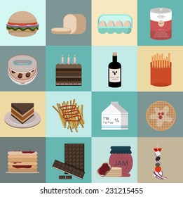 Set of flat food icons. Simple buttons of sweets, fast food and drinks for mobile and web apps.