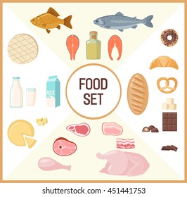 Set of flat food isolated on white background: milk products, meat , bakery, fish. Vector illustration.