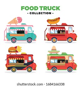 Set of flat food truck icons. Modern design concept compositions for food delivery service vehicles.