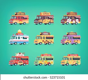 Set of flat food truck icons. Modern design concept compositions for food delivery service vehicles.