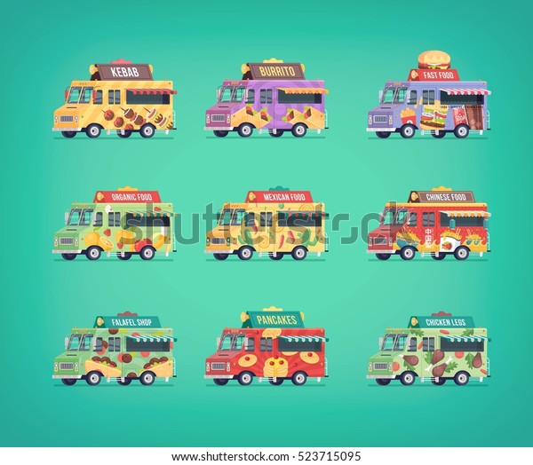 Set of flat food truck\
icons. Modern design concept compositions for food delivery service\
vehicles.