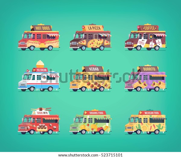 Set of flat food truck\
icons. Modern design concept compositions for food delivery service\
vehicles.