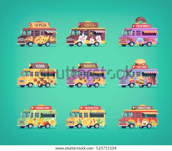 Set of flat food truck
icons. Modern design concept compositions for food delivery service
vehicles.