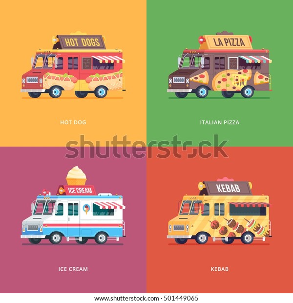 Set of flat food truck illustrations.\
Modern design concept compositions for hot dog, Italian pizza, ice\
cream and kebab delivery\
wagon.