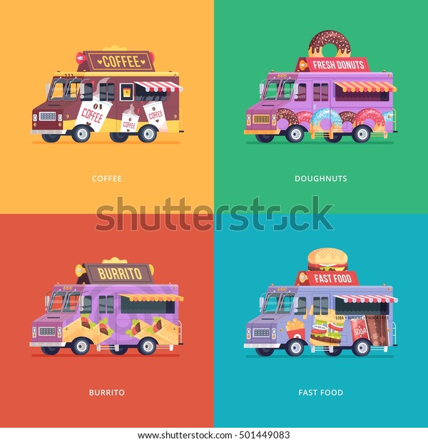Set of flat food truck illustrations. Modern\
design concept compositions for coffee, doughnuts, burrito and fast\
food delivery wagon.