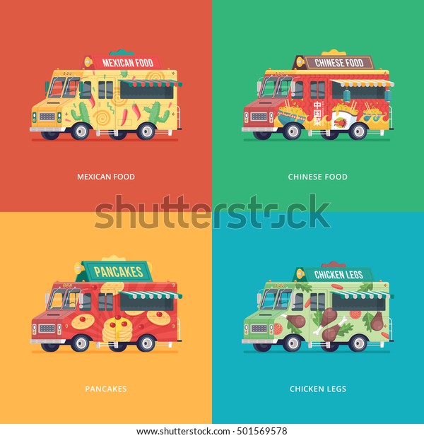 Set of flat food truck\
illustrations. Modern design concept compositions for mexican\
cuisine, chinese cuisine, pancakes and chicken legs delivery\
wagon.