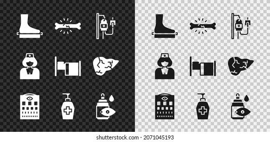 Set Flat foot, Bone pain, IV bag, Eye test chart, Liquid antibacterial soap, drop bottle, Nurse and Hospital bed icon. Vector