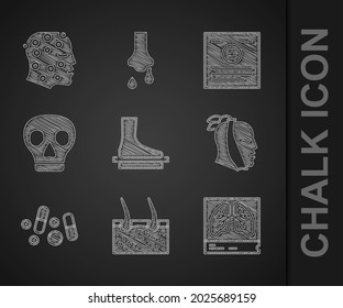 Set Flat foot, Hair covering skin, Lungs x-ray, Toothache, Medicine pill or tablet, Skull, Clinical record and Psoriasis eczema rash icon. Vector