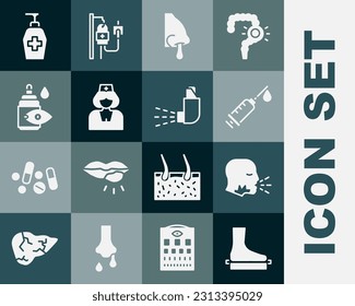 Set Flat foot, Man coughing, Syringe, Runny nose, Nurse, Eye drop bottle, Liquid antibacterial soap and Inhaler icon. Vector