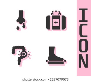 Set Flat foot, Runny nose, Gut constipation and First aid kit icon. Vector