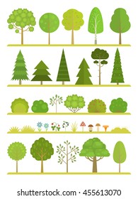 Set of flat forest and park elements: different types of trees, grass, mushrooms, berries and bushes, isolated on white background.