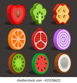 set of flat fruit icons in isometric