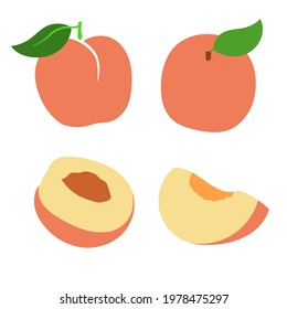 A set of flat fruit. Ripe peaches with leaves, whole, half and piece. Vector illustration.