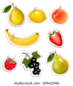 Set of flat fruit stickers with paper clips. Vector.