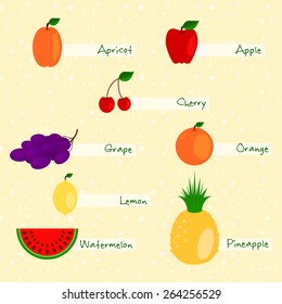 Set of flat fruits. Colorful, cute, cartoon.