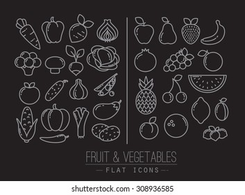 Set of flat fruits icons and vegetables drawing with white lines on black background