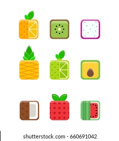 Set of flat  fruits. Isolated vector icons with white background. Stylized harvests in square form with such fruits as orange, kiwi, pitaya, pineapple,lime, avocado, coconut, strawberry and watermelon