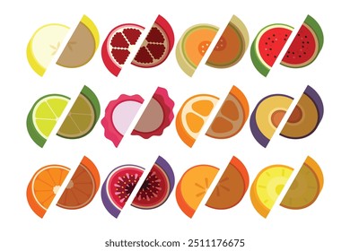 A set of flat Fruits slices, cross sections of Pear, Pomegranate, Cantaloupe, Melon, Watermelon, Sweet lime, Litchi, Kumquat, purple plum, Mandarin, Fig, Persimmon, Pineapple, vector illustration 