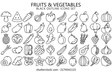 Set of flat fruits and vegetables icons, Contains such broccoli, peas, carrot, lime, melon and more. Used for modern concepts, web, UI, UX kit and applications. vector EPS 10 ready to convert to SVG. svg