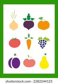 Set of flat fruits and vegetables icons drawing with black lines on white background