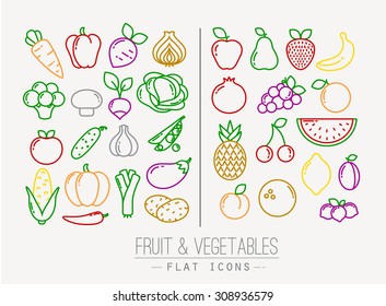 Set of flat fruits and vegetables icons drawing with color lines on white background