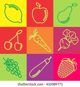 Set of flat fruits and vegetables icons drawing with green lines on different color background