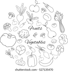 Set of flat fruits and vegetables icons drawing with black lines on white background in round frame.