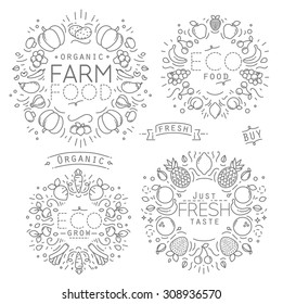 Set of flat fruits and vegetables monograms drawing with black lines on white background