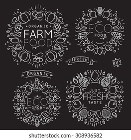 Set of flat fruits and vegetables monograms drawing with white lines on black background