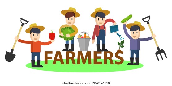 Set of flat funny farmers and gardeners with tools and vegetables. Vector characters set. Agriculture concept.