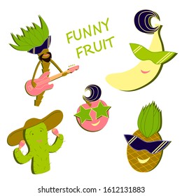 Set of flat funny icons with musical instruments. Added accessories: multi-colored glasses. Every object has a shadow. There are five images: banana, pineapple, cherry, palm, cactus.