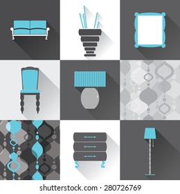Set of flat furniture icons with long shadows