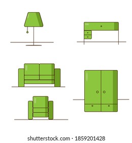 Set of flat furniture icons. Vector sofa, armchair, lamp, wardrobe, table.