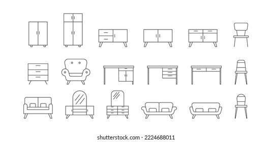 A set of flat furniture icons for websites and applications. Empty outline, flat style