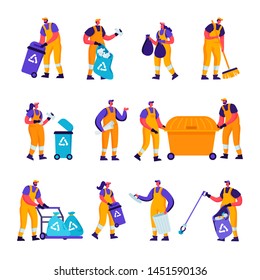 Set of Flat Garbage Recycling and Metallurgy Factory Workers Characters. Cartoon People Ecology Protection and Pollution Industry Employees, Welder, Scavengers Collect Litter. Vector Illustration.