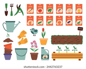 Set of flat gardening and agricultural tools, seeds, flower pots on a white background. Collection of hand-drawn watering cans, secateurs, beds, fertilizers.