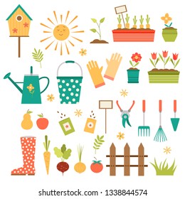 Set of flat gardening icons. Vector illustration, collection of spring seasonal elements, garden tools, flowers, pots, seeds, vegatables, fruits