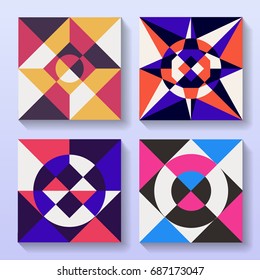 Set of flat geometric cards retro design. Collection of vintage illustrations for brochure or album cover.