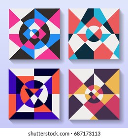 Set of flat geometric cards retro design. Collection of vintage illustrations for brochure or album cover.