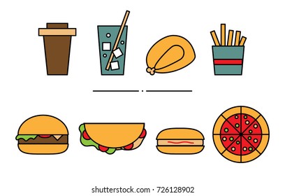 Set of flat geometric fast-food icons. Illustration of colored lemonade, roasted chicken, fries,coffee, pizza, hamburger, hot-dog, burrito isolated on white background