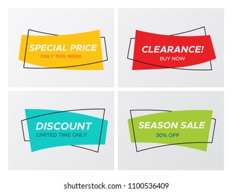 Set of flat geometric sale banner in trendy concept. Hipster graphic rectangle shape promo sticker with shop offer title and vivid colors. Vector illustration with sale tags for store special deal.