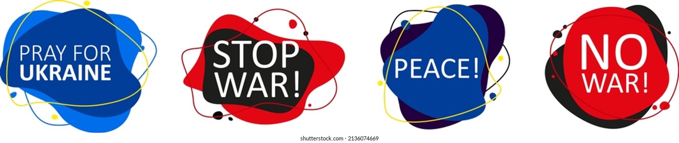 Set of flat geometric shape with illustration of No War, stop war, peace, pray for Ukraine