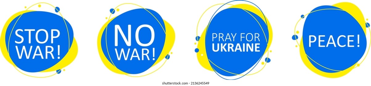 Set of flat geometric shape with illustration of No War, stop war, peace, pray for Ukraine
