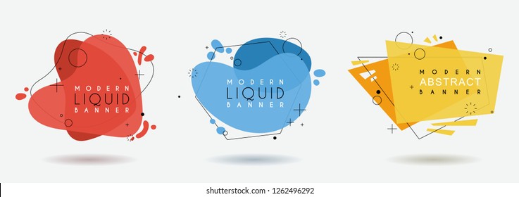 Set of flat geometric shape with outline in memphis design style. Vivid transparent banner in retro poster design style. Vector template for use in web or print design