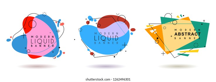 Set of flat geometric shape with outline in memphis design style. Vivid transparent banner in retro poster design style. Vector template for use in web or print design