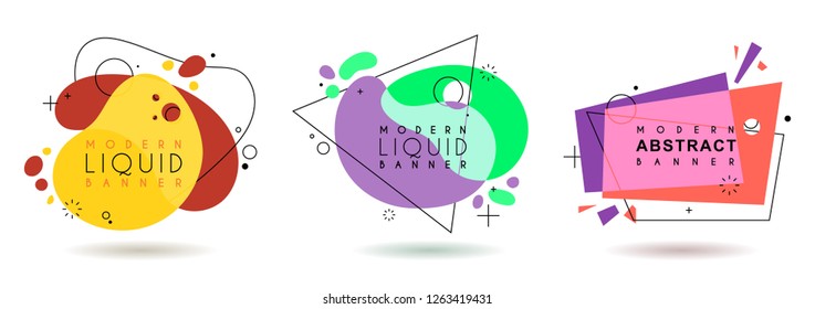 Set of flat geometric shape with outline in memphis design style. Vivid transparent banner in retro poster design style. Vector template for use in web or print design