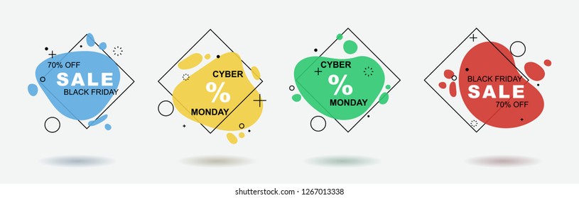 Set of flat geometric shape with outline in memphis design style. Vivid transparent banner in retro poster design style. Vector template for use in web or print design