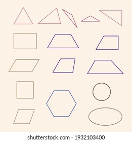  A set of flat geometric shapes triangles, quadrilaterals, ellipse, circle, hexagon is isolated on a delicate beige background. Poster, visual aid.