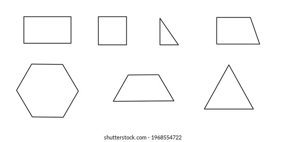 A set of flat geometric shapes, a visual aid, a poster, and icons. Rectangle, square, triangle, hexagon, trapezoid isolated on white background.