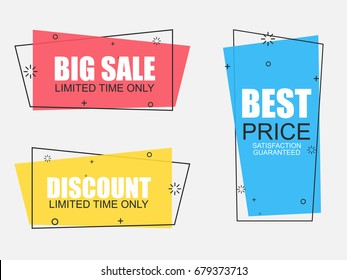 Set of flat geometric vector banners in vintage style. Discount offer price label, symbol for advertising campaign in retail, sale promo marketing, ad offer on shopping.